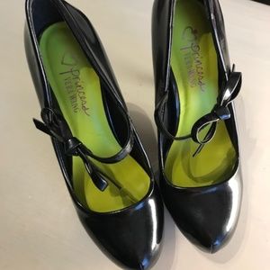 Navy Metallic Mary Jane Heels with Bow